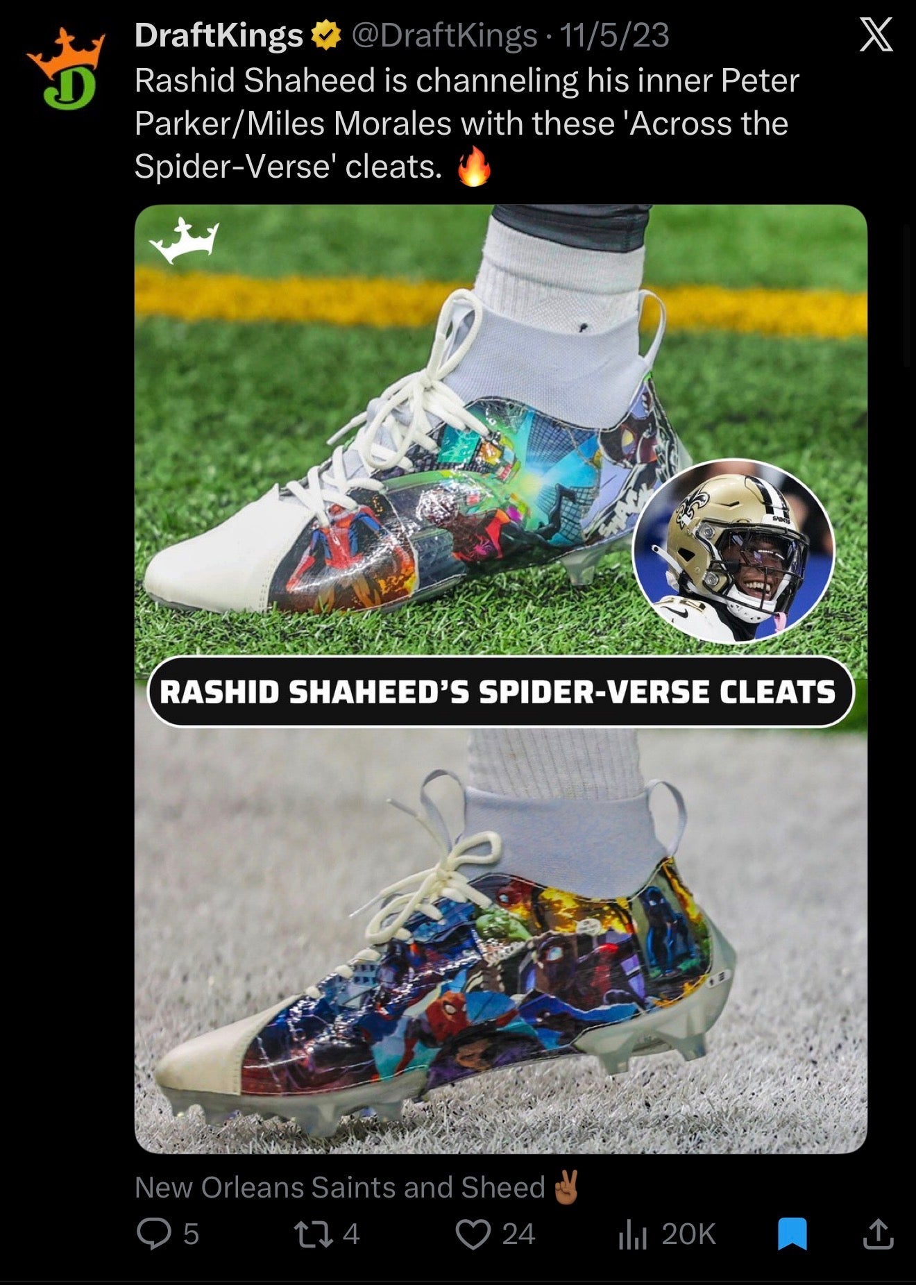 DraftKings Spotlights Rashid Shaheed’s Spider-Verse Custom Cleats by GameDay Custom Cleats Gameday Custom Cleats